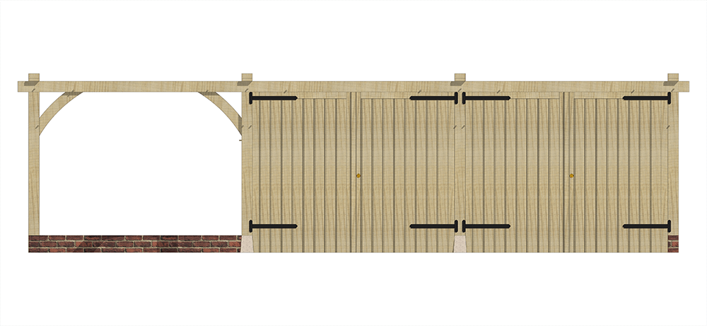 Three Bay Single Storey Oak Framed Garage with 2 sets of Oak Garage doors in the second and third bays