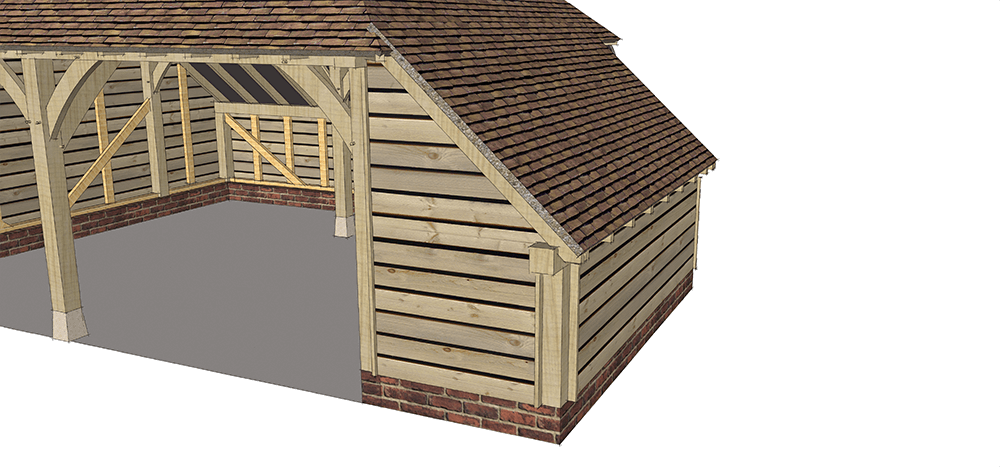 Oak framed single storey garage with closed logstore to the right hand side