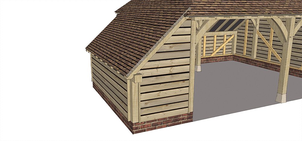 Oak framed single storey garage with closed logstore to the left hand side