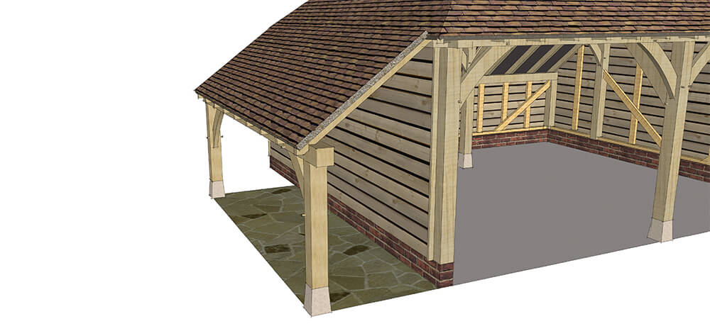 Oak framed single storey garage with open logstore to the left hand side