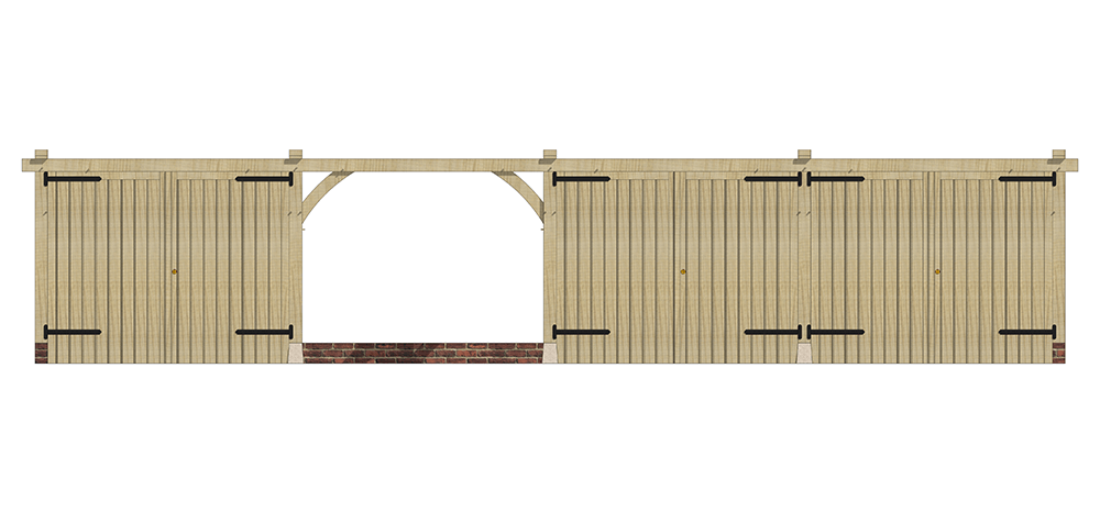 Four Bay Single Storey Oak Framed Garage with 3 sets of Oak Garage doors located on bays 1, 3 & 4