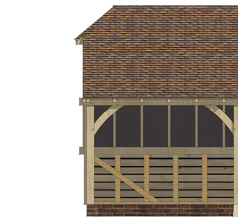 Single Storey Oak framed garage with barn-hipped roof to the left hand side